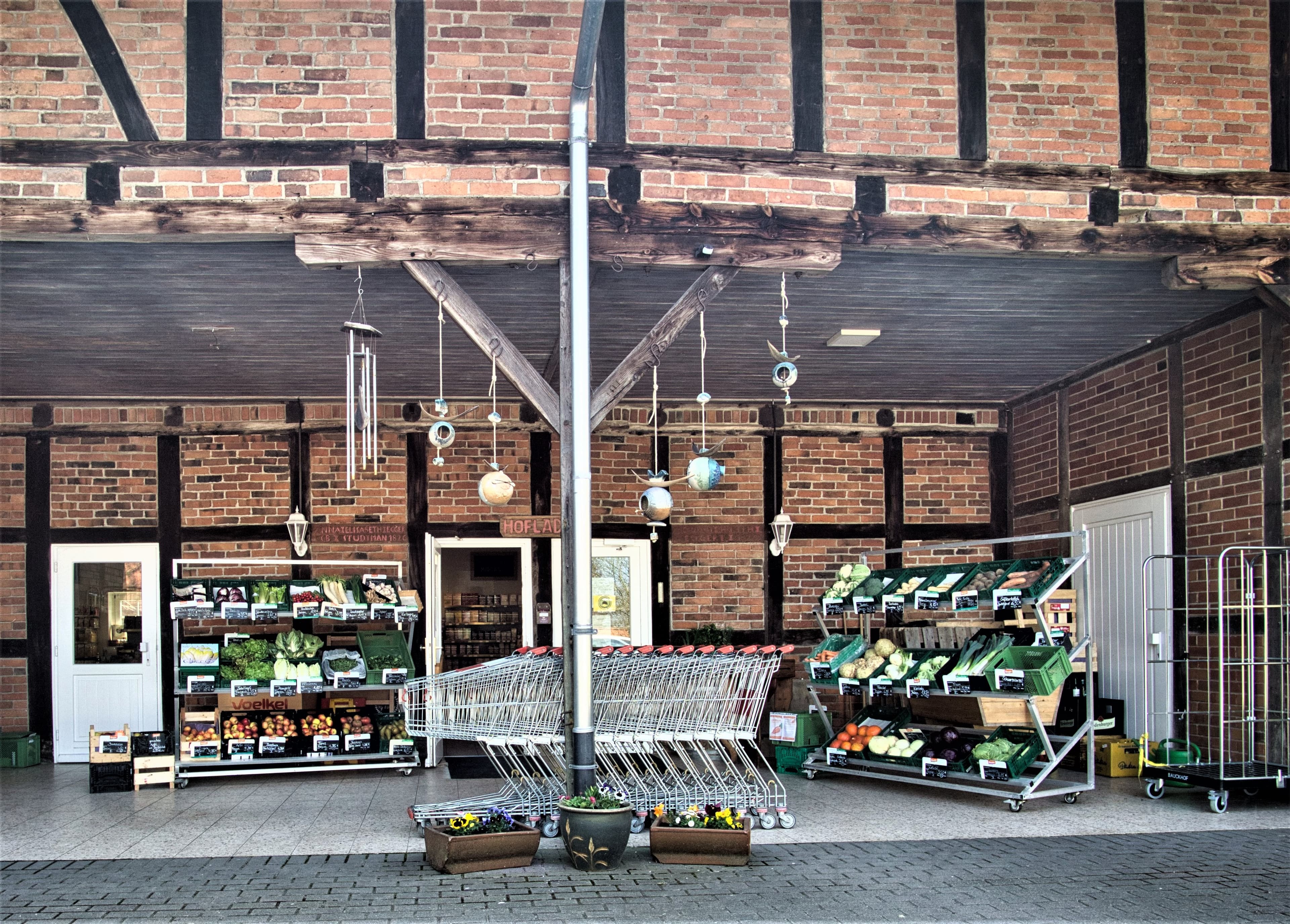 Auf dem Bild ist der Eingang eines Hofladens zu sehen. Es zeigt Einkaufswagen und Regale voller frischem Gemüse.