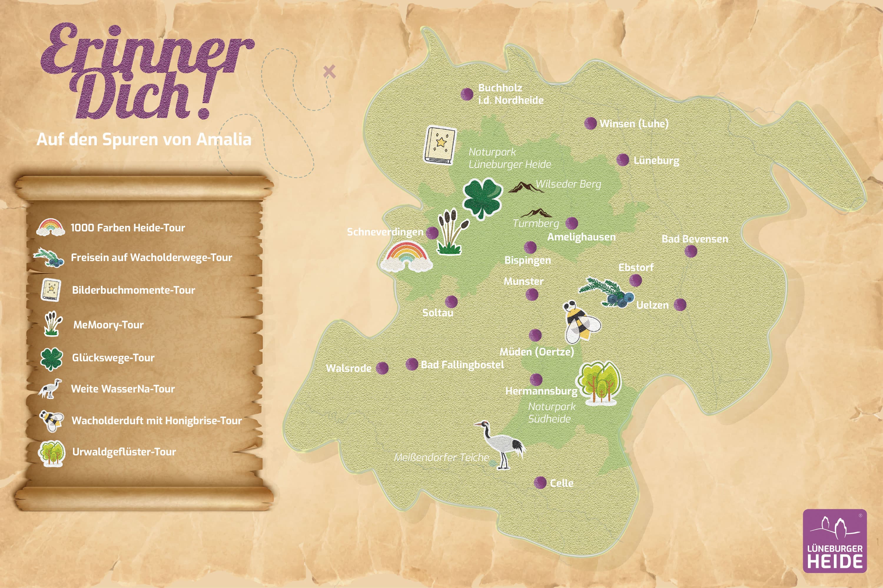 eine schatzkarte führt urlauber zu den acht erinner dich!-wandertouren in der lüneburger heide