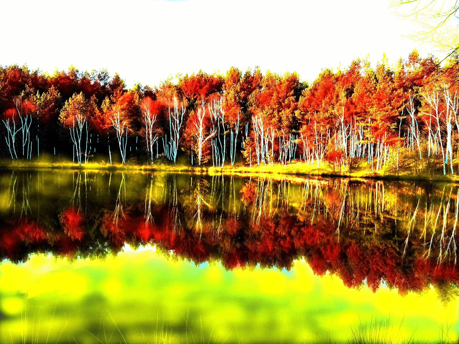 Einein gemaltes Bild: idyllischer See reflektiert herbstlich gefärbte Bäume, die in warmen Rottönen erstrahlen.