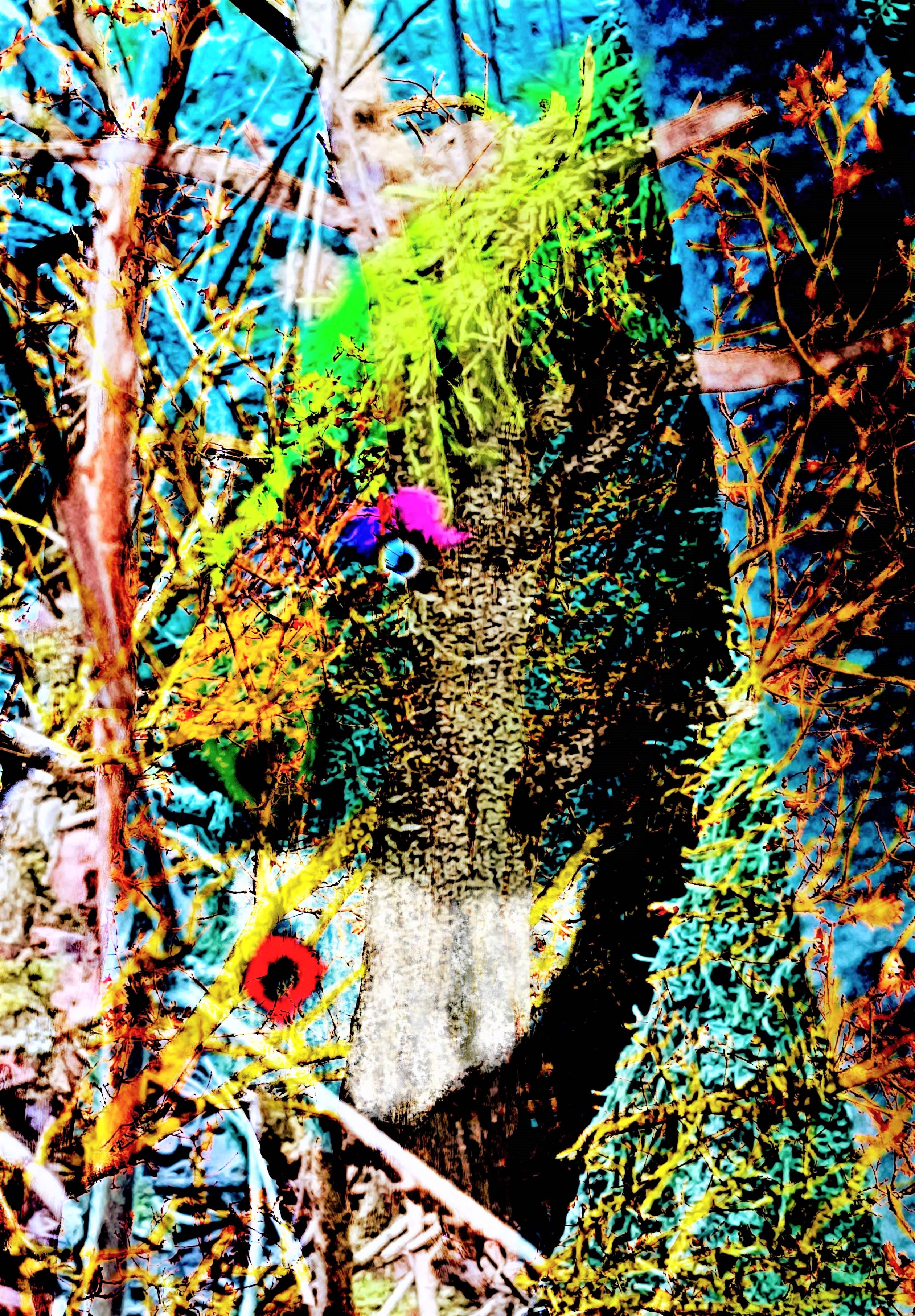 Ein Baumstamm, mit leuchtend grüner Farbe und bunten Elementen dekoriert, versteckt sich im dichten Gestrüpp.