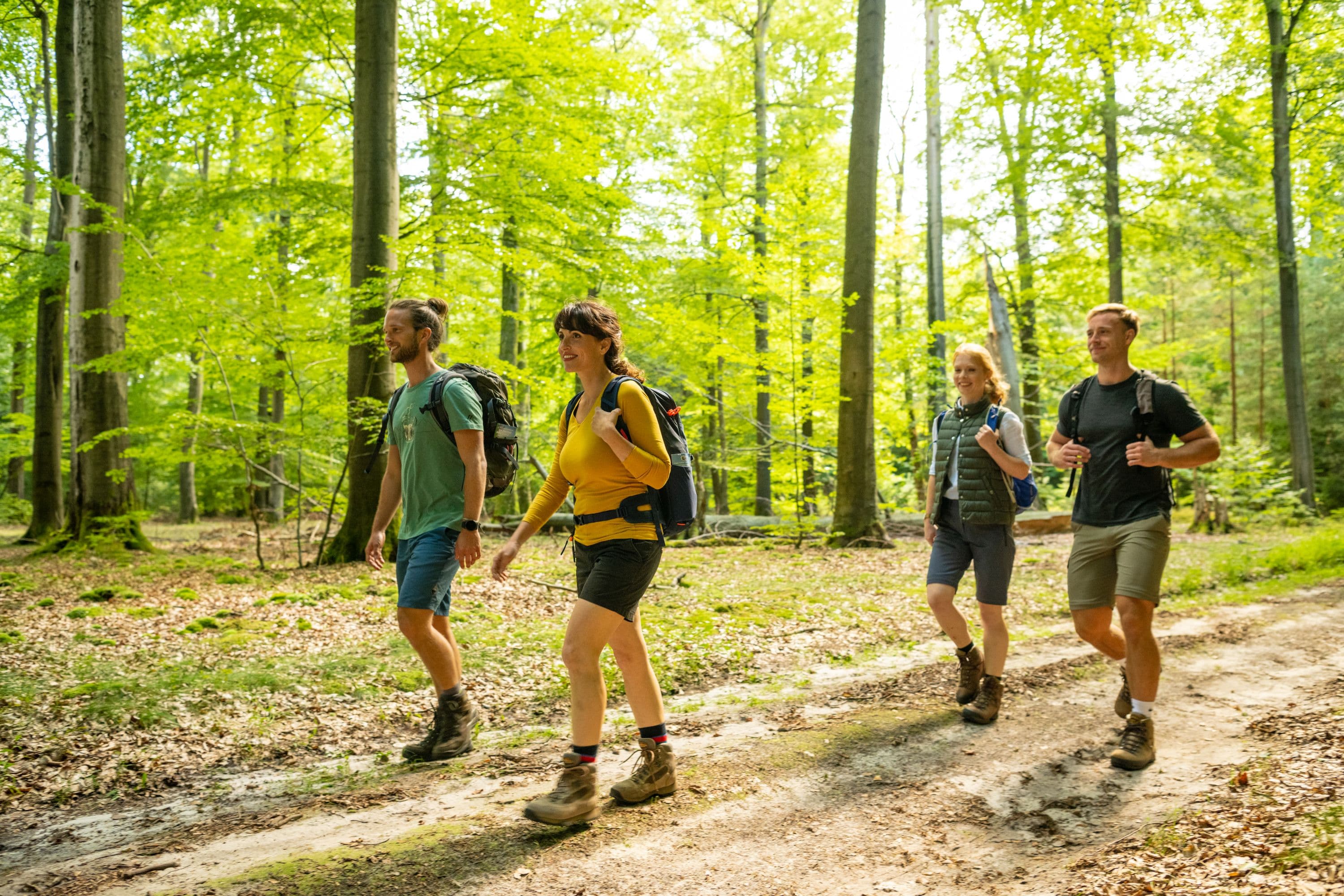 eine gruppe junger menschen wandert durch einen wald