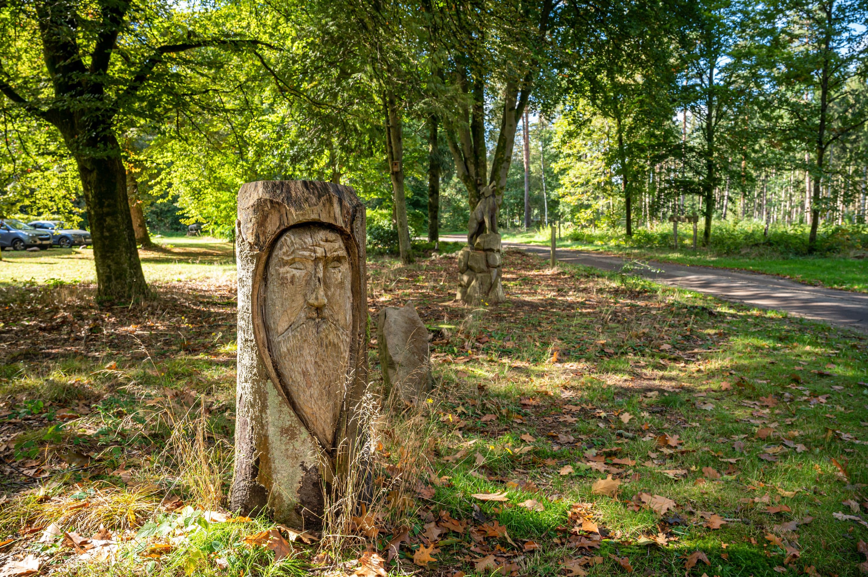 Am Wanderweg befinden sich künstlerische Holzskulpturen