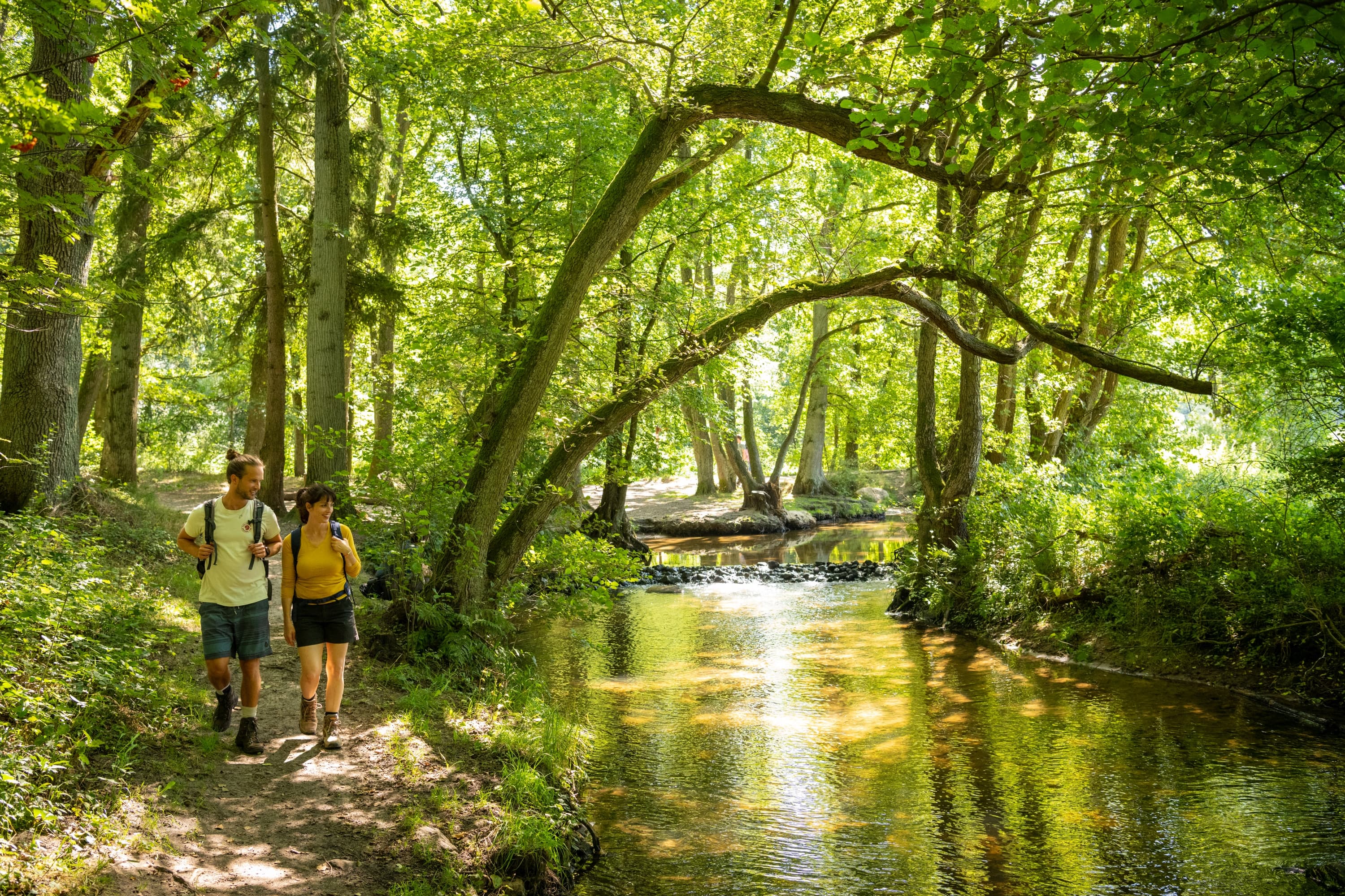 Der Fluss Schmale Aue bei Hanstedt mit zwei Wanderern im Vordergrund
