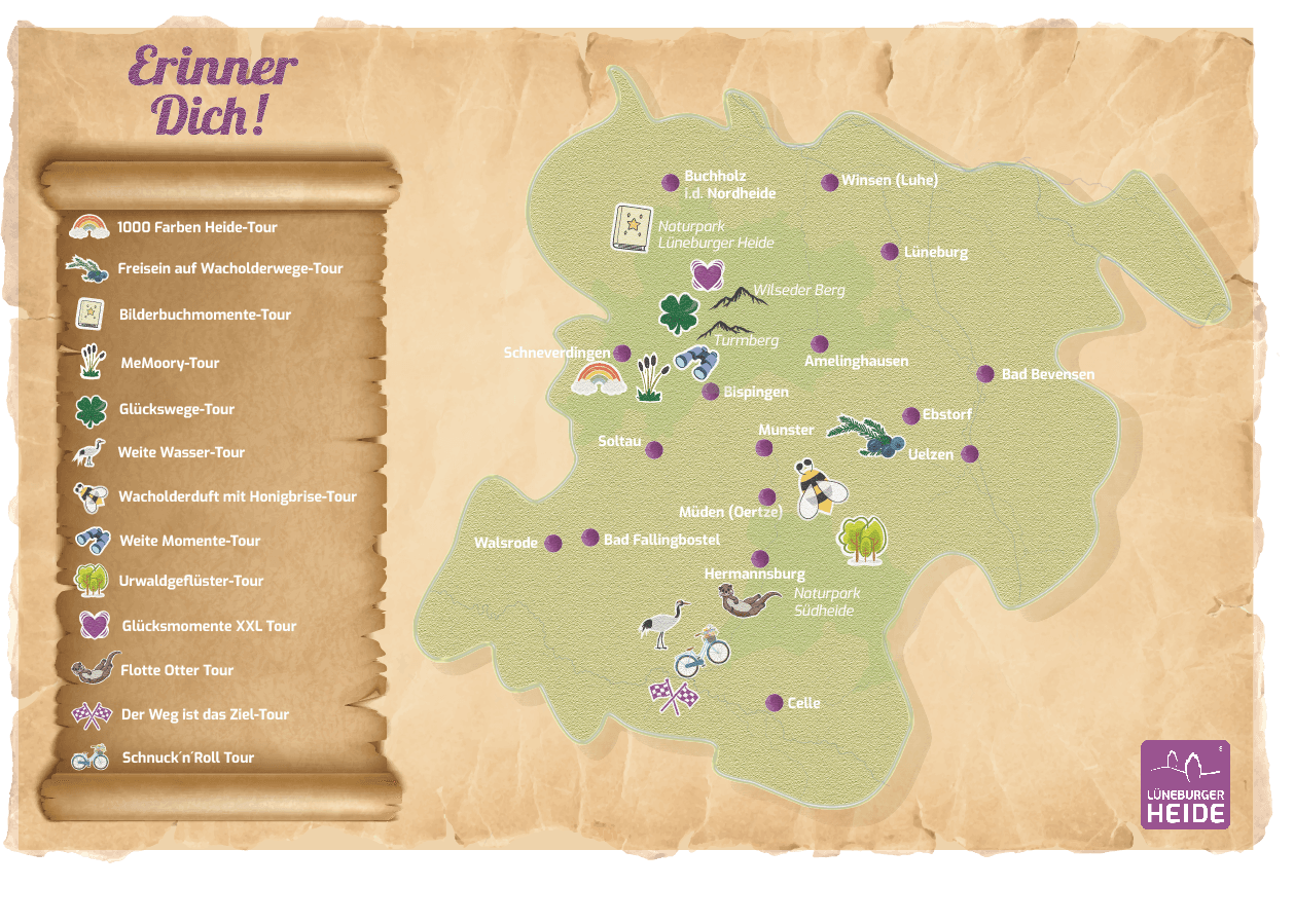 karte zum wandern auf den glückspfaden durch die Lüneburger heide