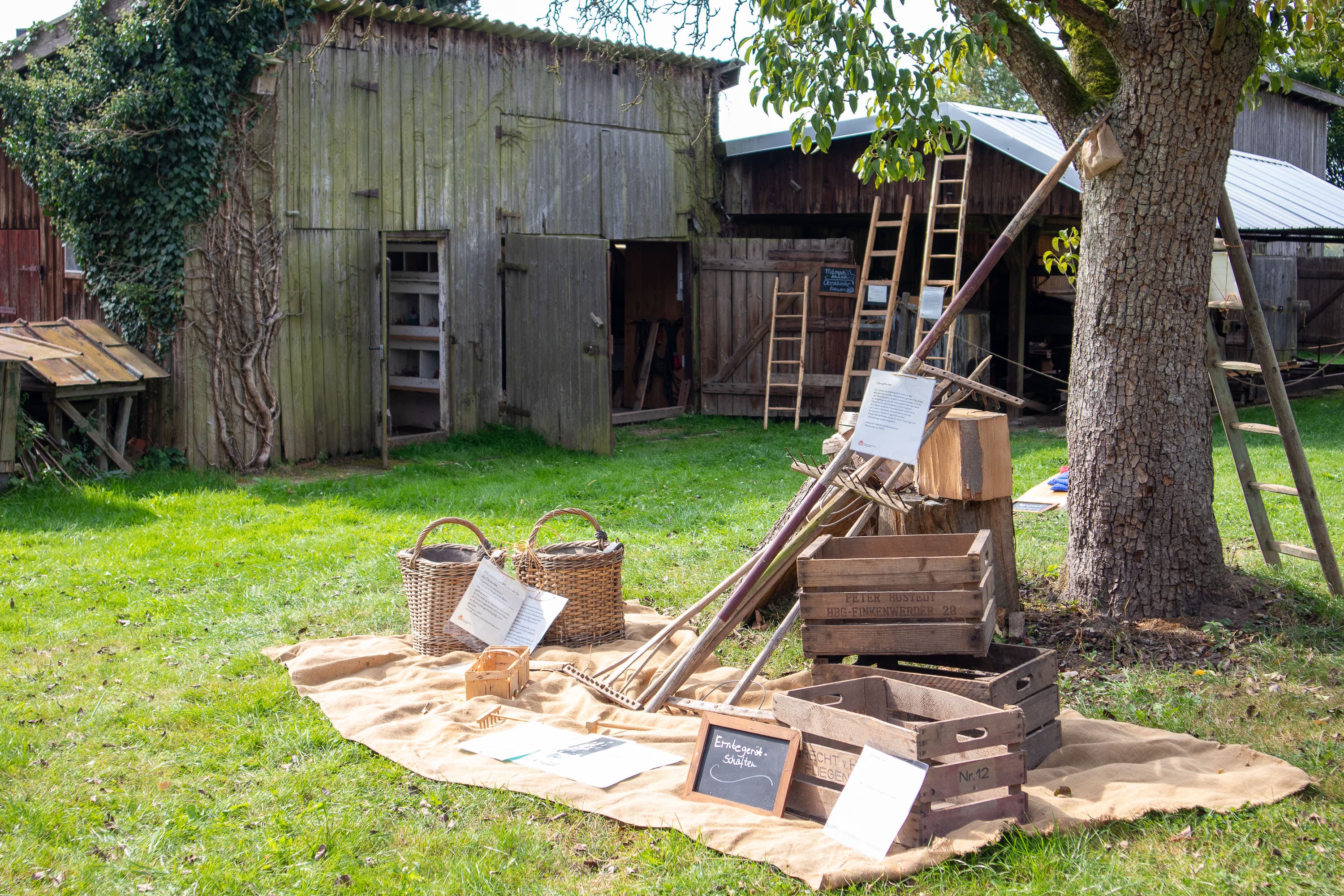 Erntewerkzeuge vor Schuppen in der Museumsstellmacherei Langenrehm