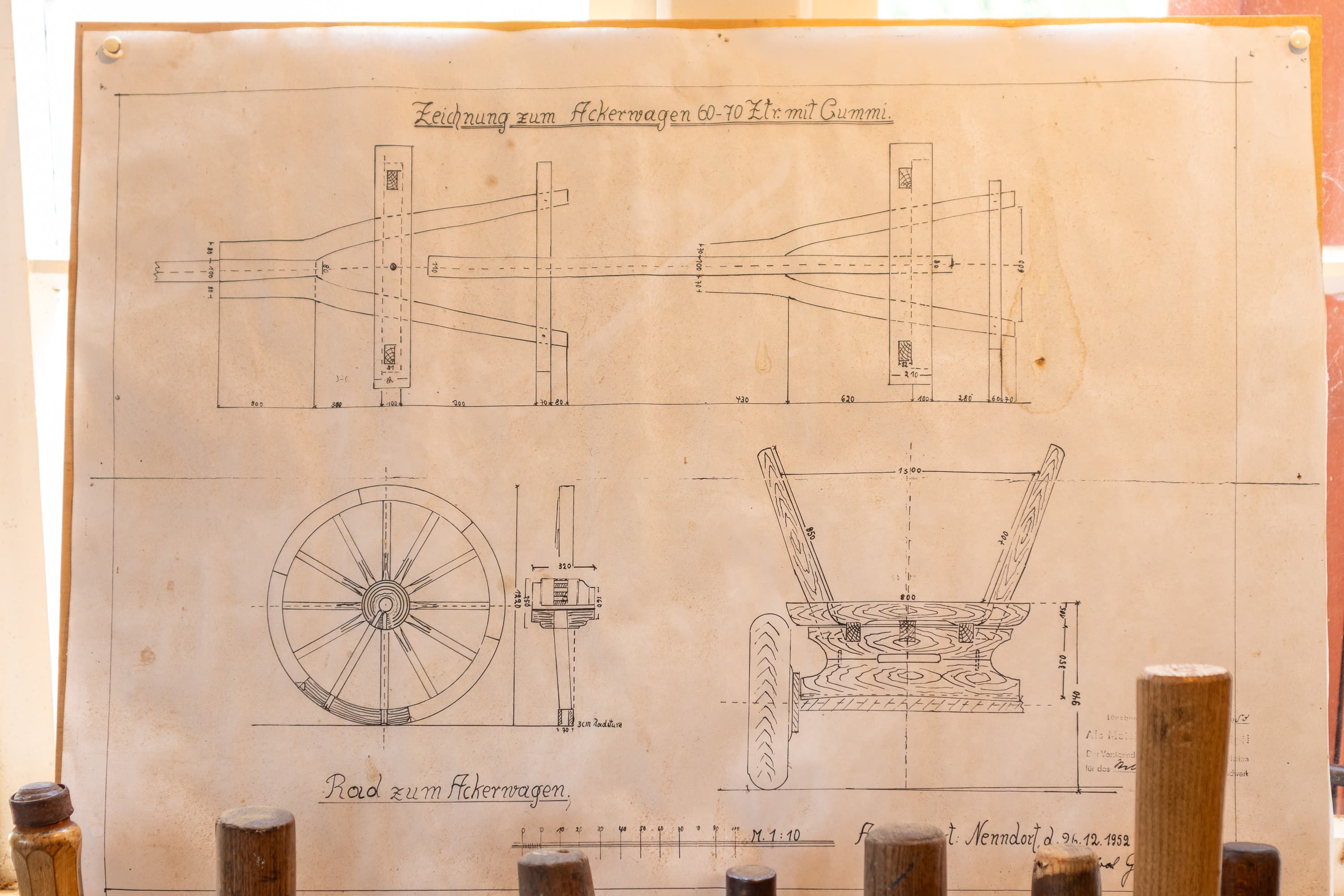 Alte Zeichnung eines Ackerwagens in der Museumsstellmacherei Langenrehm