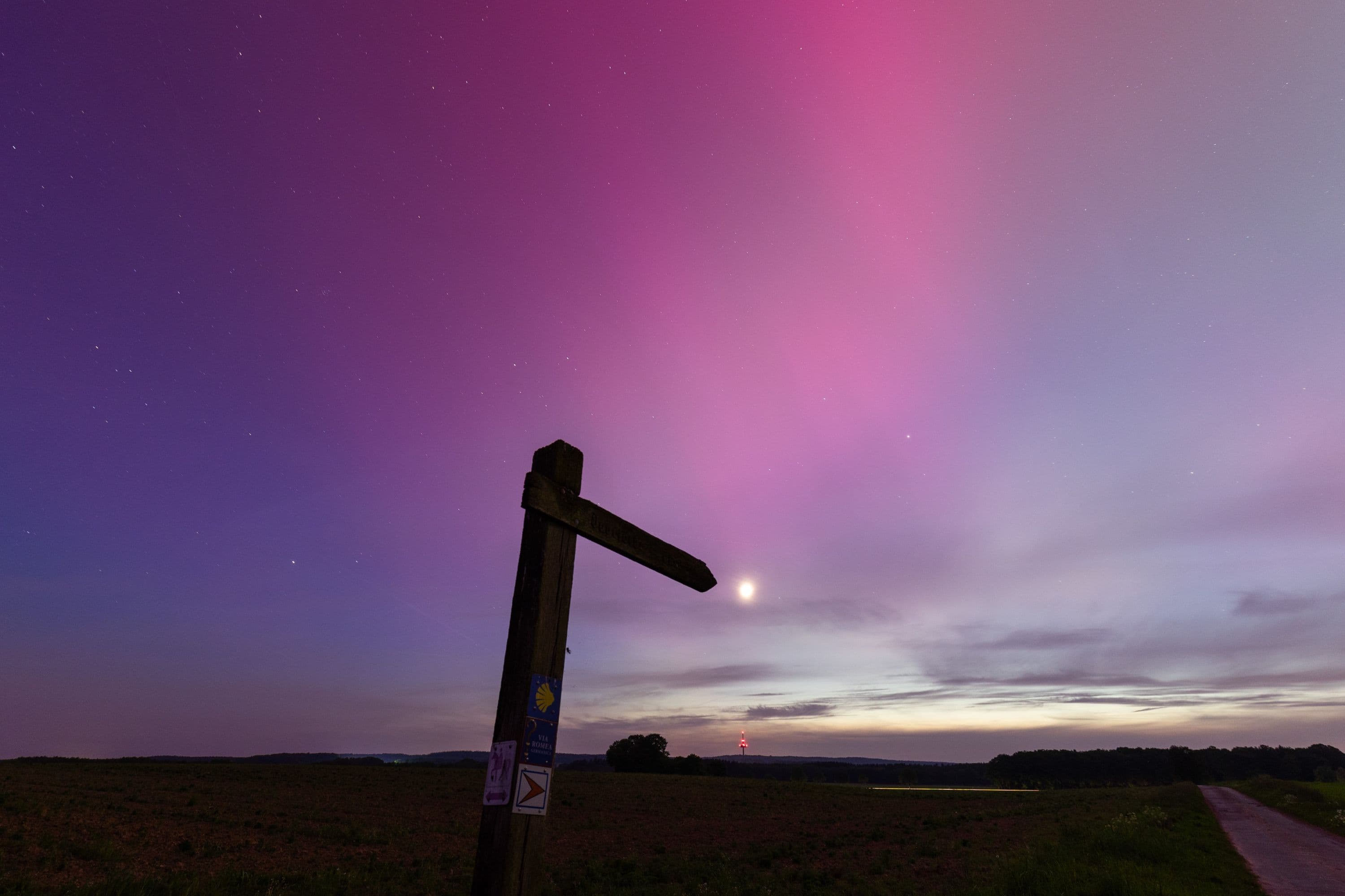 nächtlicher Himmel mit Polarlichtern in einer heidefläche mit wegweiser
