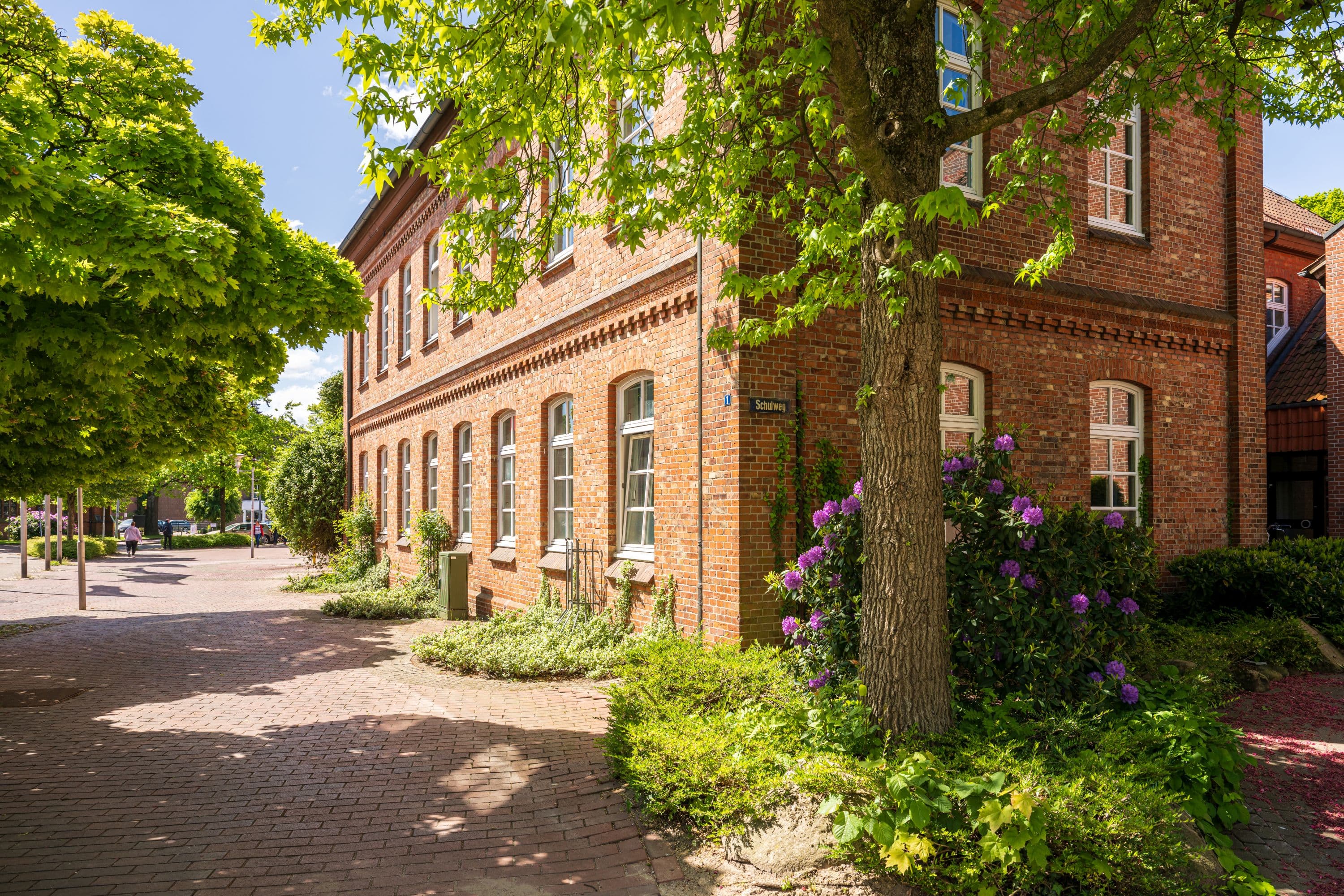 Gebäude mit Rhododendron in Buchholz in der Nordheide im Frühling
