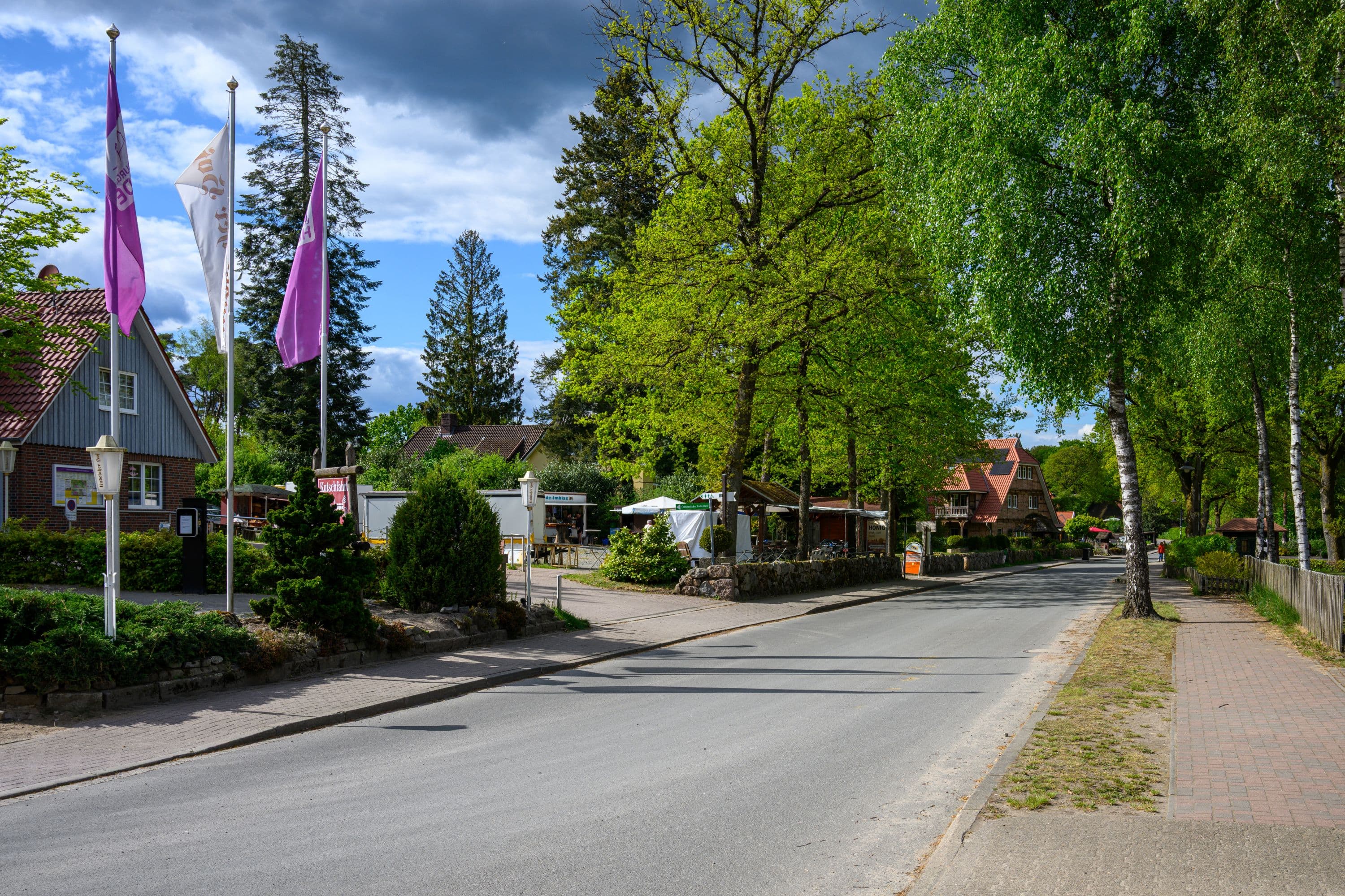 Undeloher Hof mit lila Flaggen an der Straße, kurz vor dem Naturschutzgebiet Lüneburger Heide