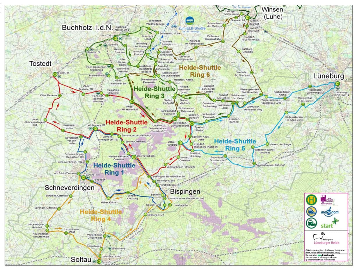 Karte mit den 6 Ringen des Heide Shuttle für 2025