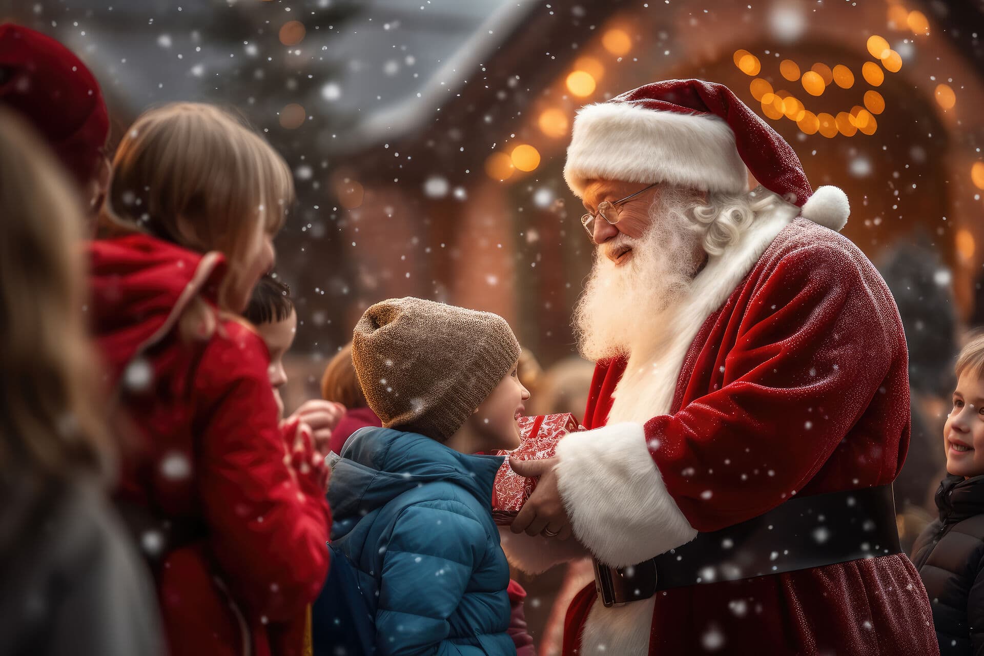 Mittendrin im winterlichen Treiben erfreut der Weihnachtsmann Kinder mit Geschenken. Schneeflocken tanzen.In the midst of the winter hustle and bustle, Santa Claus delights children with presents. Snowflakes dance.Midt i vinterens travlhed glæder julemanden børnene med gaver. Snefnuggene danser.Te midden van de winterse drukte verblijdt de kerstman kinderen met cadeautjes. Sneeuwvlokken dansen.