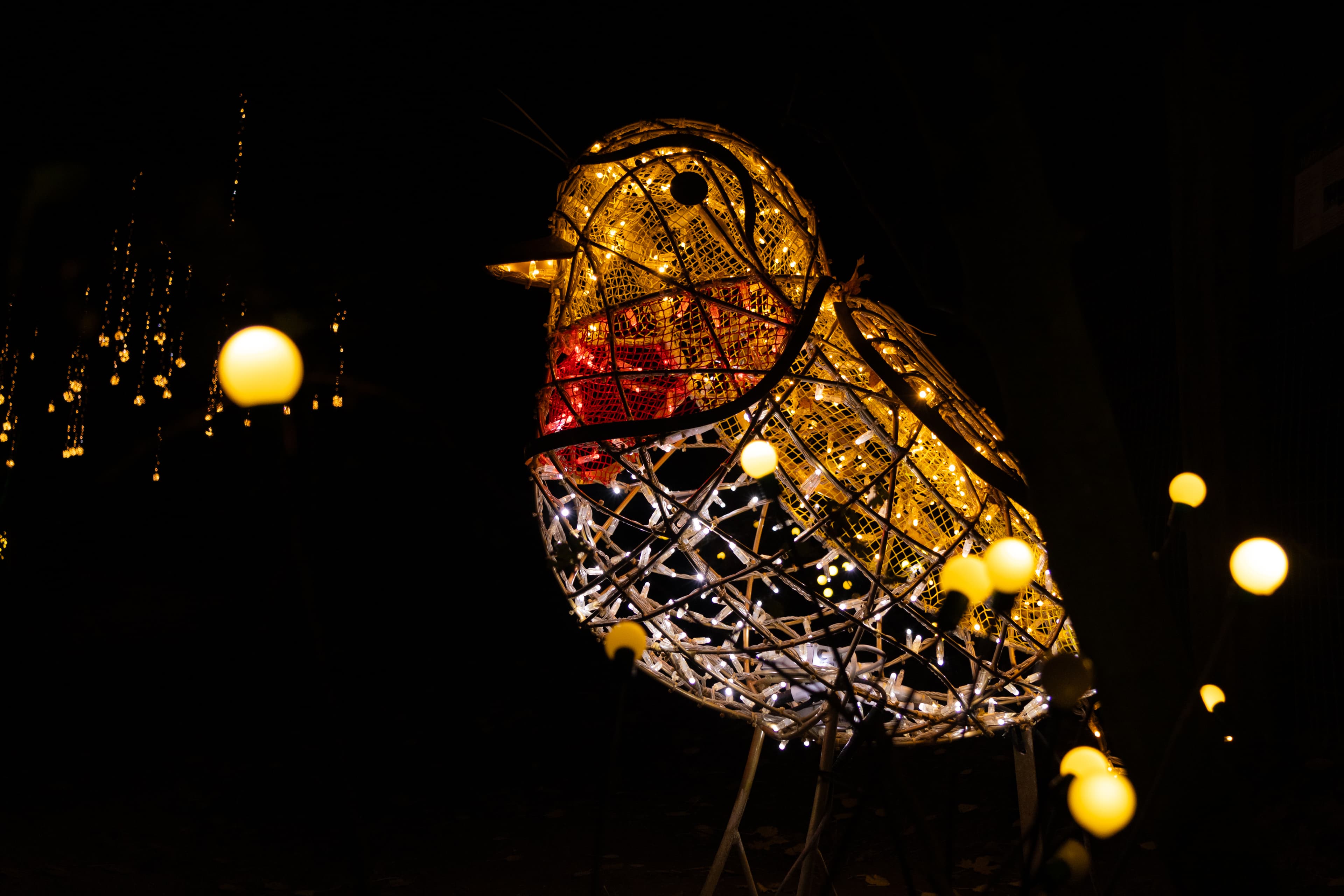 leuchtende figur von einem übergroßen vogel im dunkeln