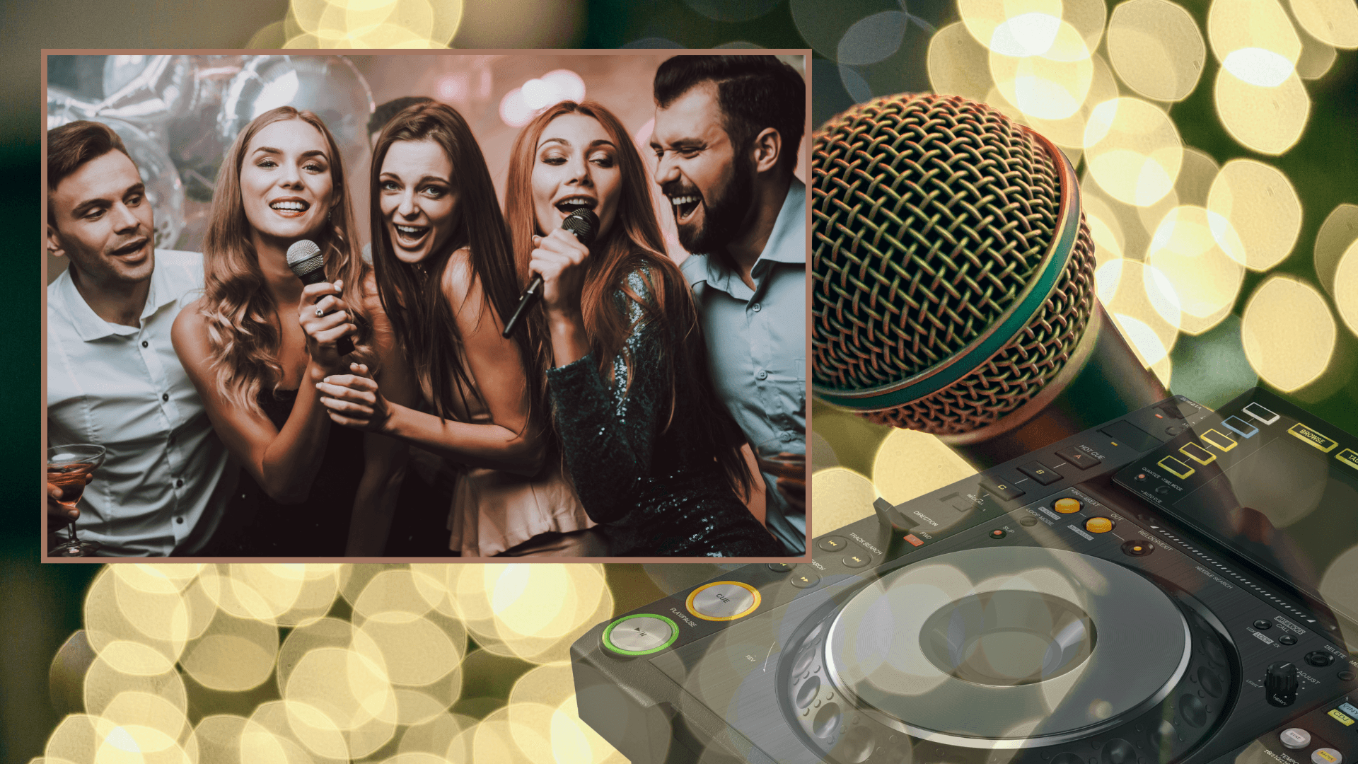 Feiernde Gruppe singt Karaoke neben DJ-Pult und Mikrofon im Lichtermeer.