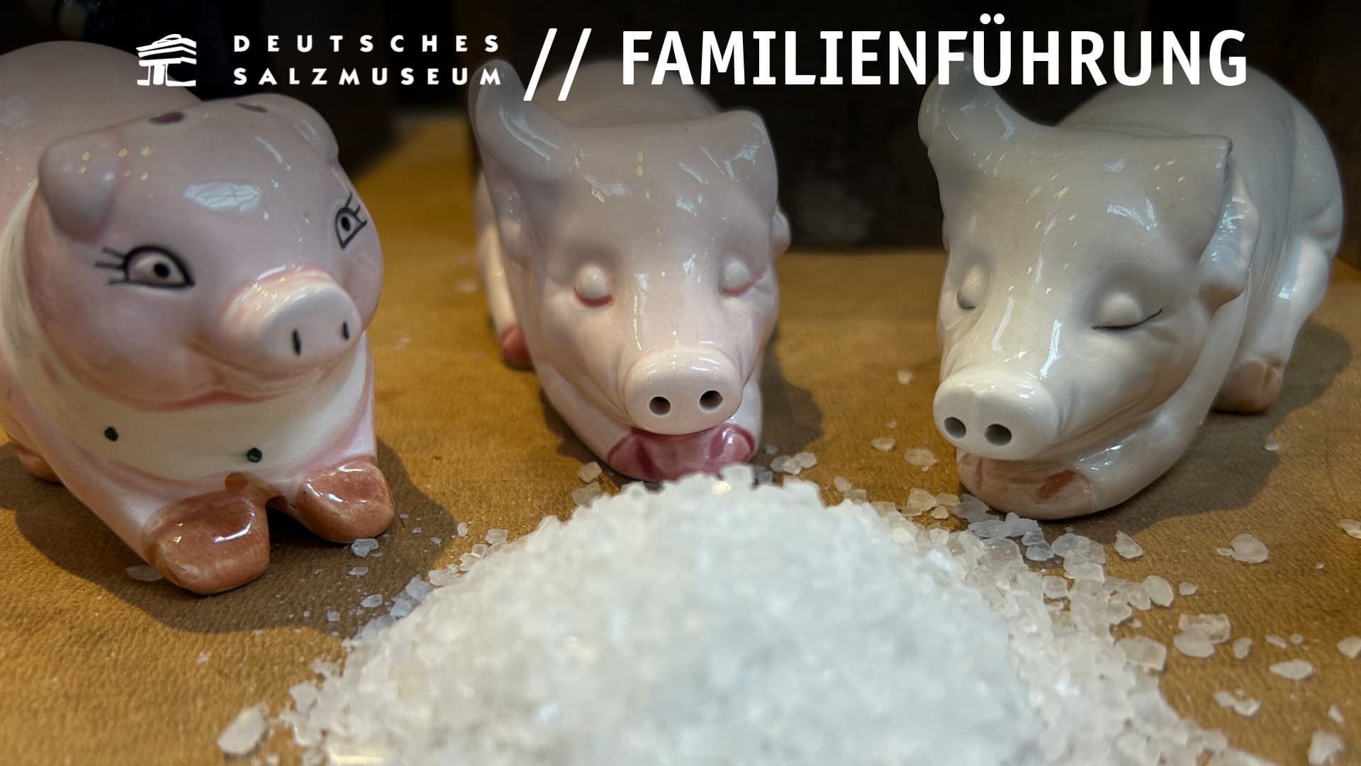 Salzstreuer in Form von kleinen Schweinchen stehen vor einem Häufchen Salz