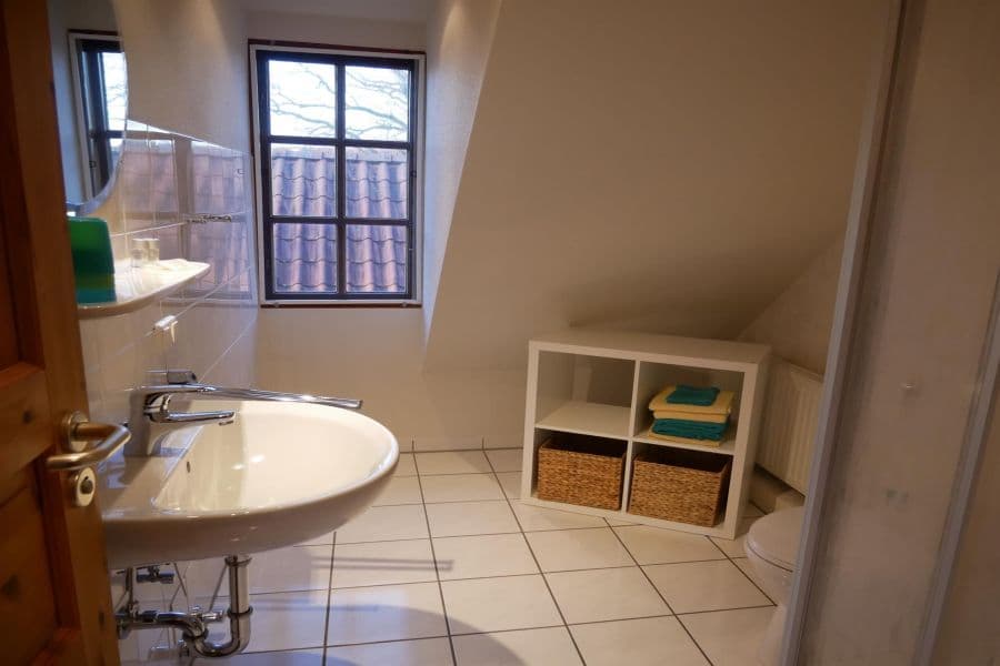 Badezimmer der Ferienwohnung Wolfshoehle auf dem Ferienhof Holste