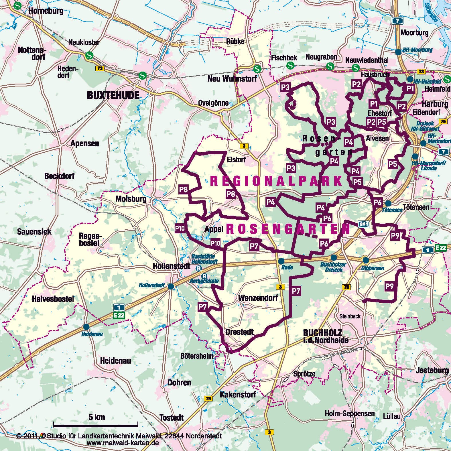 Karte der Reittouren im Regionalpark Rosengarten