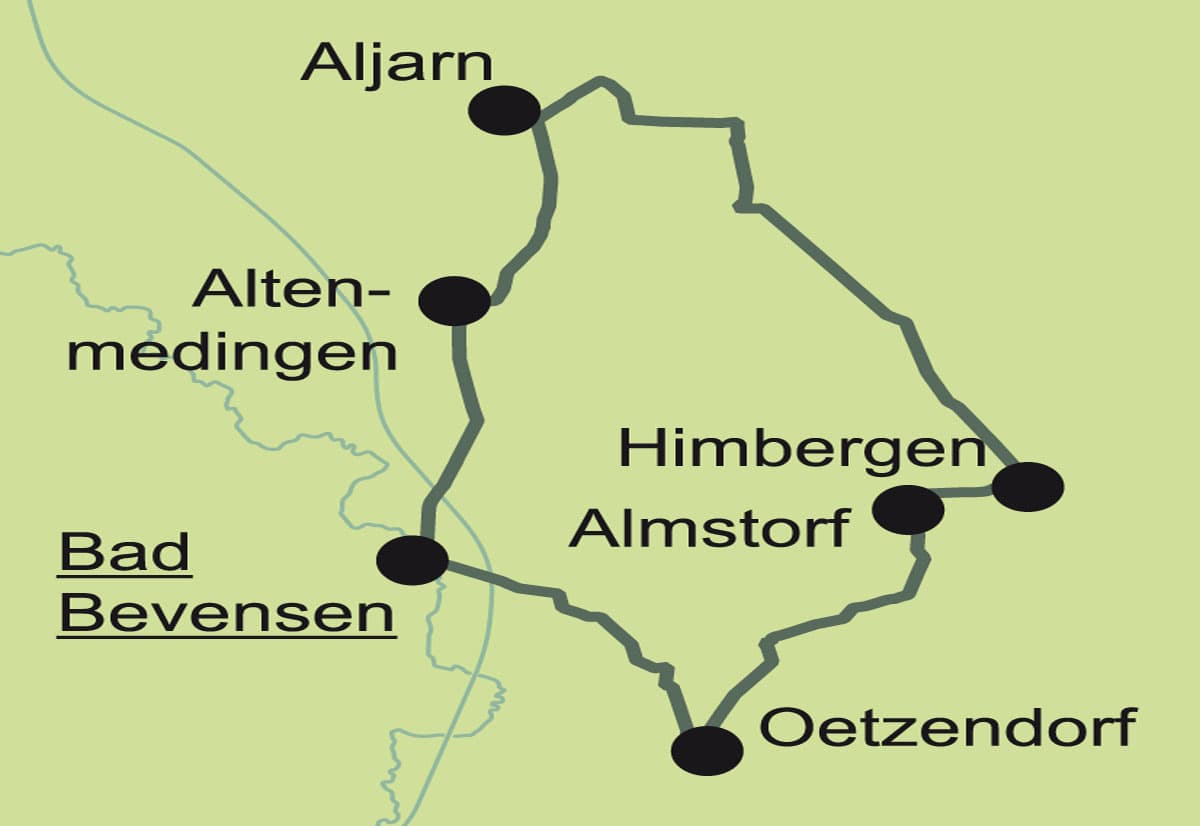 Auf der Karte wir der Verlauf des Radweges "Große Landpartie" angezeigt. Ausgangspunkt ist Bad Bevensen. Radtour der ADFC-Region Uelzen