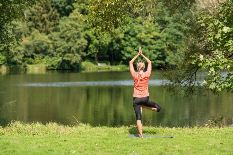 Frau, See, Wiese, Yoga